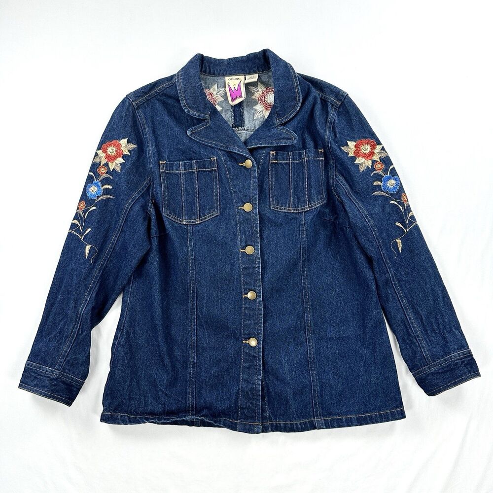 Antthony Original Embroidered Jean Jacket Womens Large Floral Cotton Boho